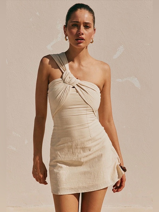 Dresses & Skirts - NWT! Sabo Dimmi Dress Women’s Size M 6 Beige Cotton Sleeveless One Shoulder Mini